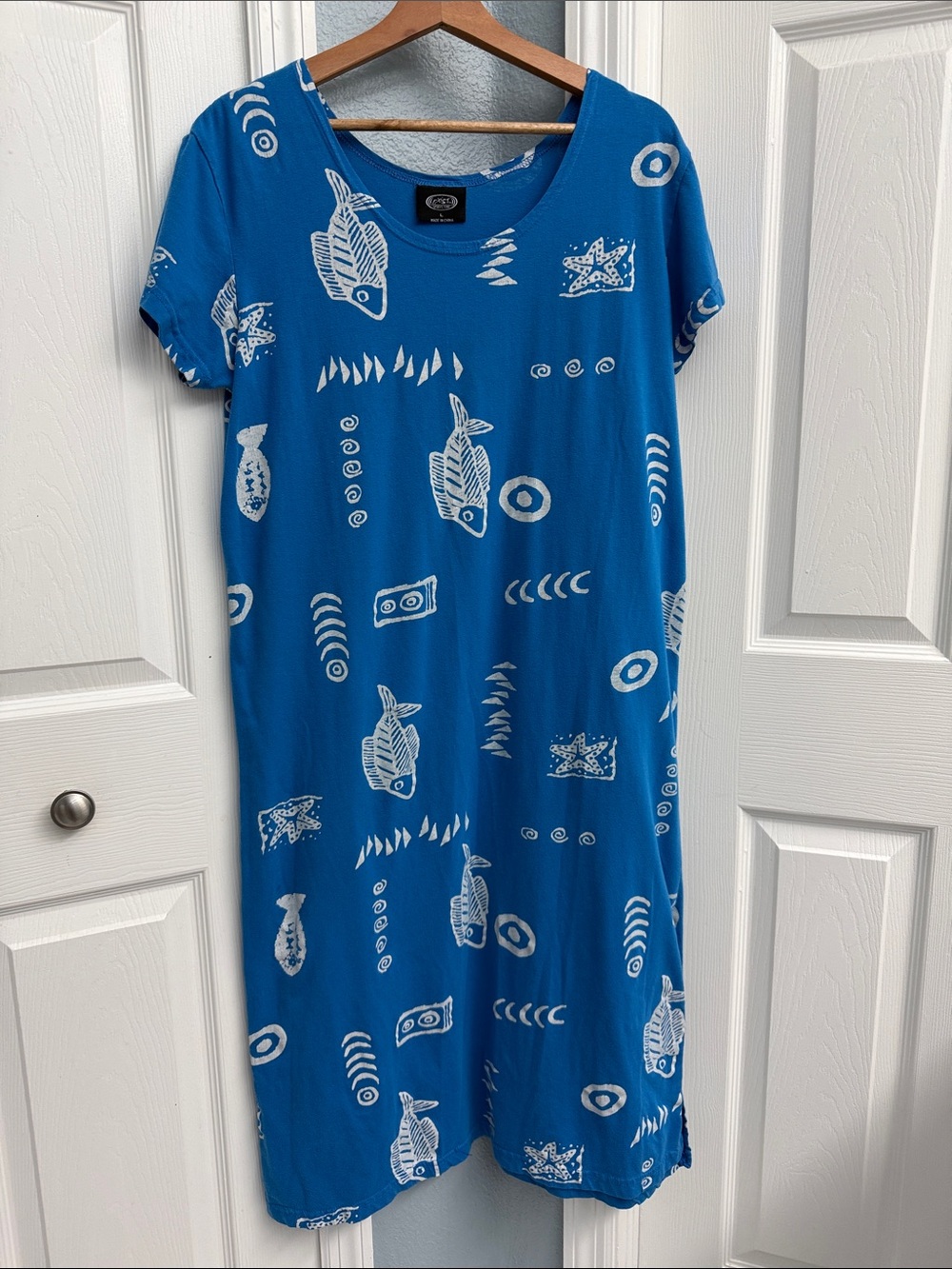 Vintage Blue Fish-Print Short-Sleeve dress cover up size large